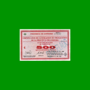 BONO DE
  CORDOBA 500,00 PESOS, EC 274, ESCASO, CANCELADO, ESTADO EXCELENTE- .-