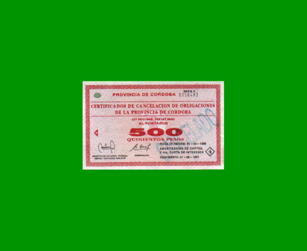 BONO DE
  CORDOBA 500,00 PESOS, EC 274, ESCASO, CANCELADO, ESTADO EXCELENTE- .-