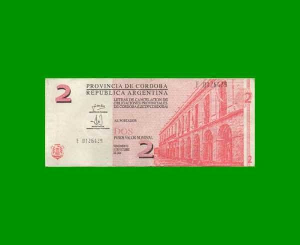BONO DE  CORDOBA 2,00 PESOS, EC 283, ESTADO BUENO+.-