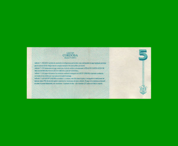 BONO DE  CORDOBA 5,00 PESOS, EC 287, ESTADO EXCELENTE.- - Imagen 2
