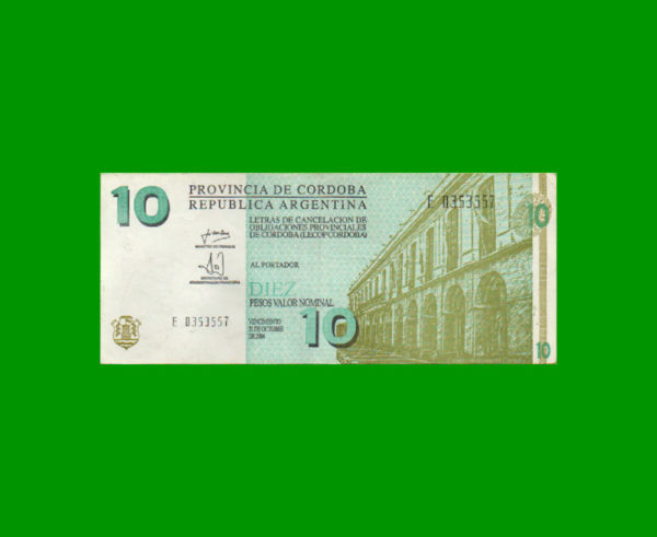 BONO DE  CORDOBA 10,00 PESOS, EC 295, ESTADO MUY BUENO.-