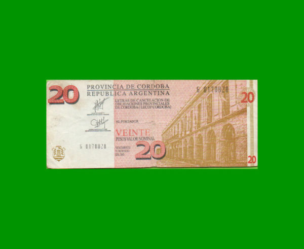 BONO DE
  CORDOBA 20,00 PESOS, EC 302, ESTADO BUENO.-