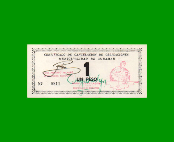 BONO DE
  MUNICIPALIDAD DE MIRAMAR CORDOBA,  1,00
  PESO, CON FILIGRANA, ESTADO EXCELENTE+.-