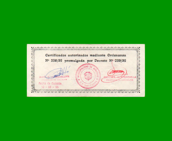 BONO DE  MUNICIPALIDAD DE MIRAMAR CORDOBA,  5,00  PESOS, CON FILIGRANA, ESTADO SIN CIRCULAR.- - Imagen 2