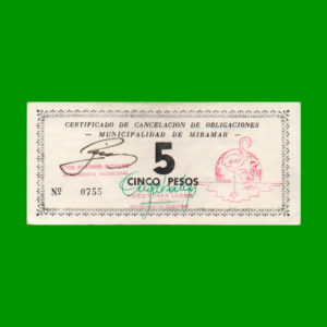 BONO DE  MUNICIPALIDAD DE MIRAMAR CORDOBA,  5,00  PESOS, CON FILIGRANA, ESTADO SIN CIRCULAR.-