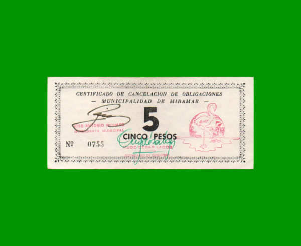 BONO DE  MUNICIPALIDAD DE MIRAMAR CORDOBA,  5,00  PESOS, CON FILIGRANA, ESTADO SIN CIRCULAR.-
