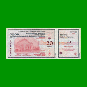 BONO  MUNICIPALIDAD DE SAN FRANCISCO, CORDOBA 20,00 PESOS, SERIE C, ESTADO MUY  BUENO+.-