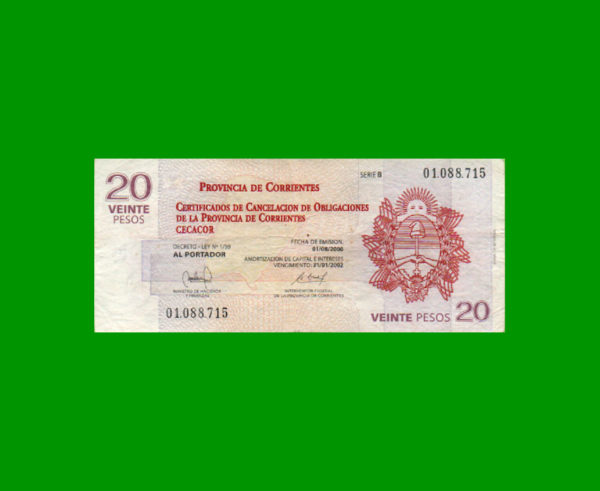 BONO DE  CORRIENTES 20,00 PESOS, EC 320, ESTADO MUY BUENO.-