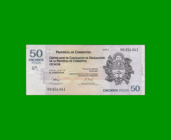 BONO DE
  CORRIENTES 50,00 PESOS, EC 323, ESTADO MUY BUENO+.-