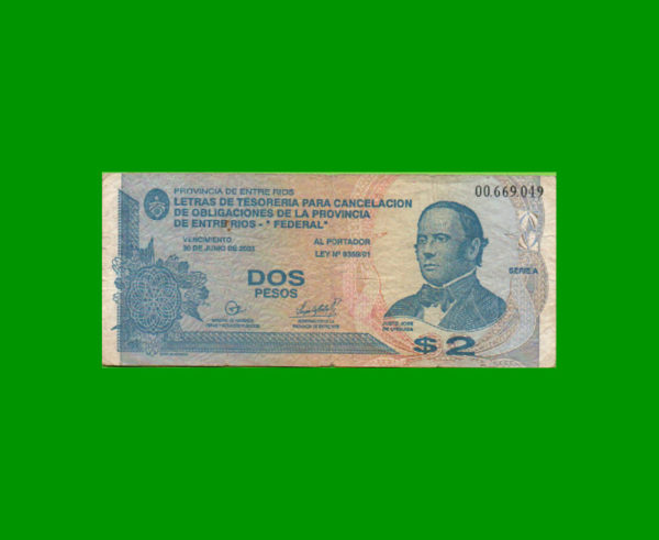 BONO DE ENTRE
  RIOS 2,00 PESOS, EC 330, ESTADO BUENO.-