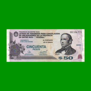 BONO DE ENTRE
  RIOS 50,00 PESOS, EC 339, ESTADO MUY BUENO.-