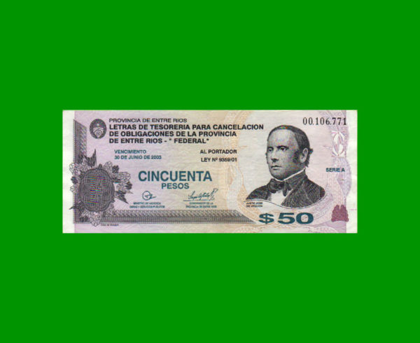 BONO DE ENTRE
  RIOS 50,00 PESOS, EC 339, ESTADO MUY BUENO.-