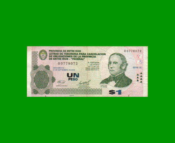 BONO DE ENTRE  RIOS 1,00 PESO, EC 343, ESTADO MUY BUENO.-